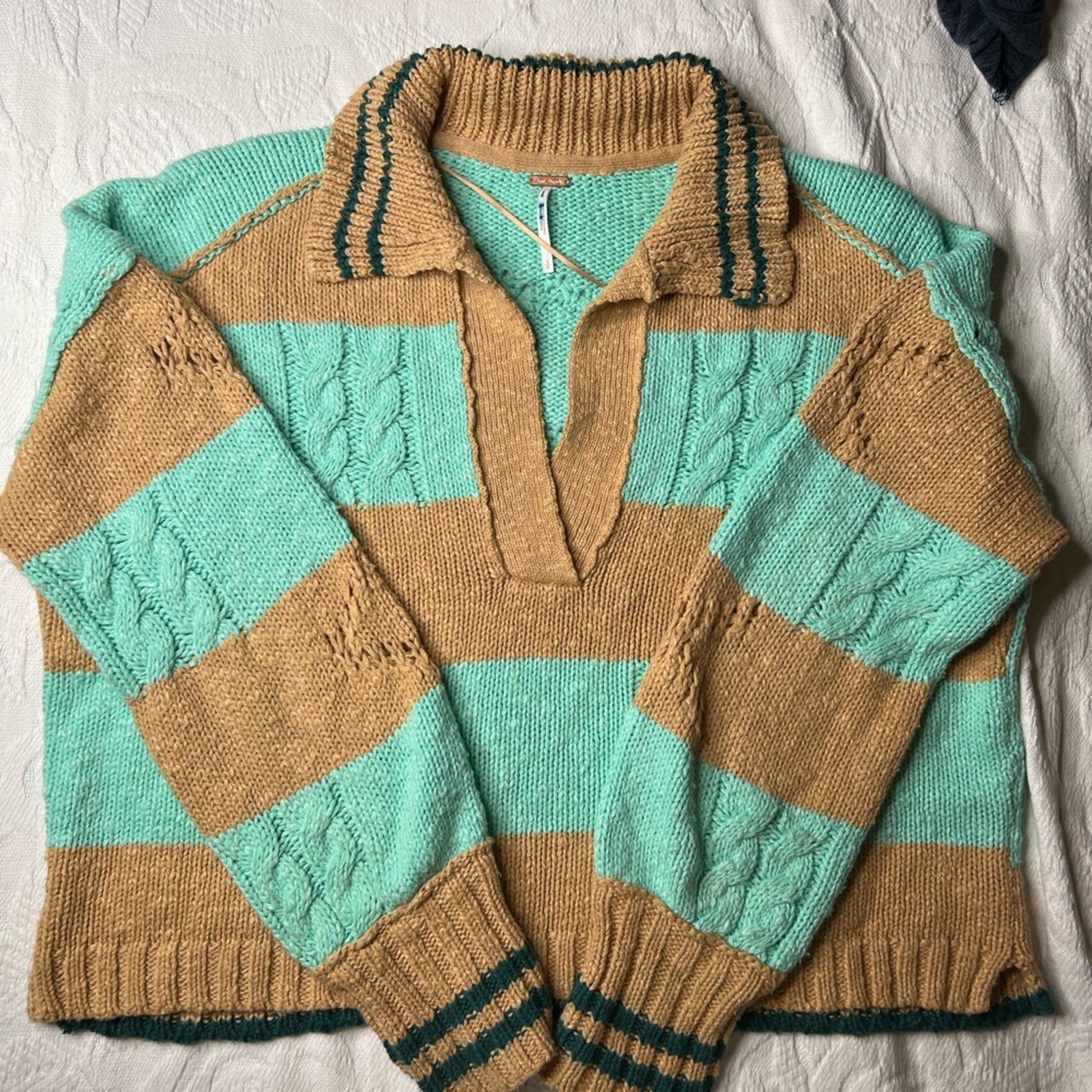Free People Striped Oversized Knit Sweater Preppy Varsity Look in Teal and Tan